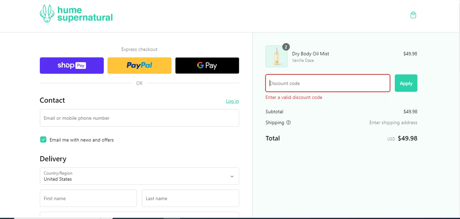 Hume Supernatural discount code screenshot showing code FREESHIP applied at Hume Supernatural checkout page. Uploaded by SimplyCodes community member LukaModric10 on Jan 2, 2025