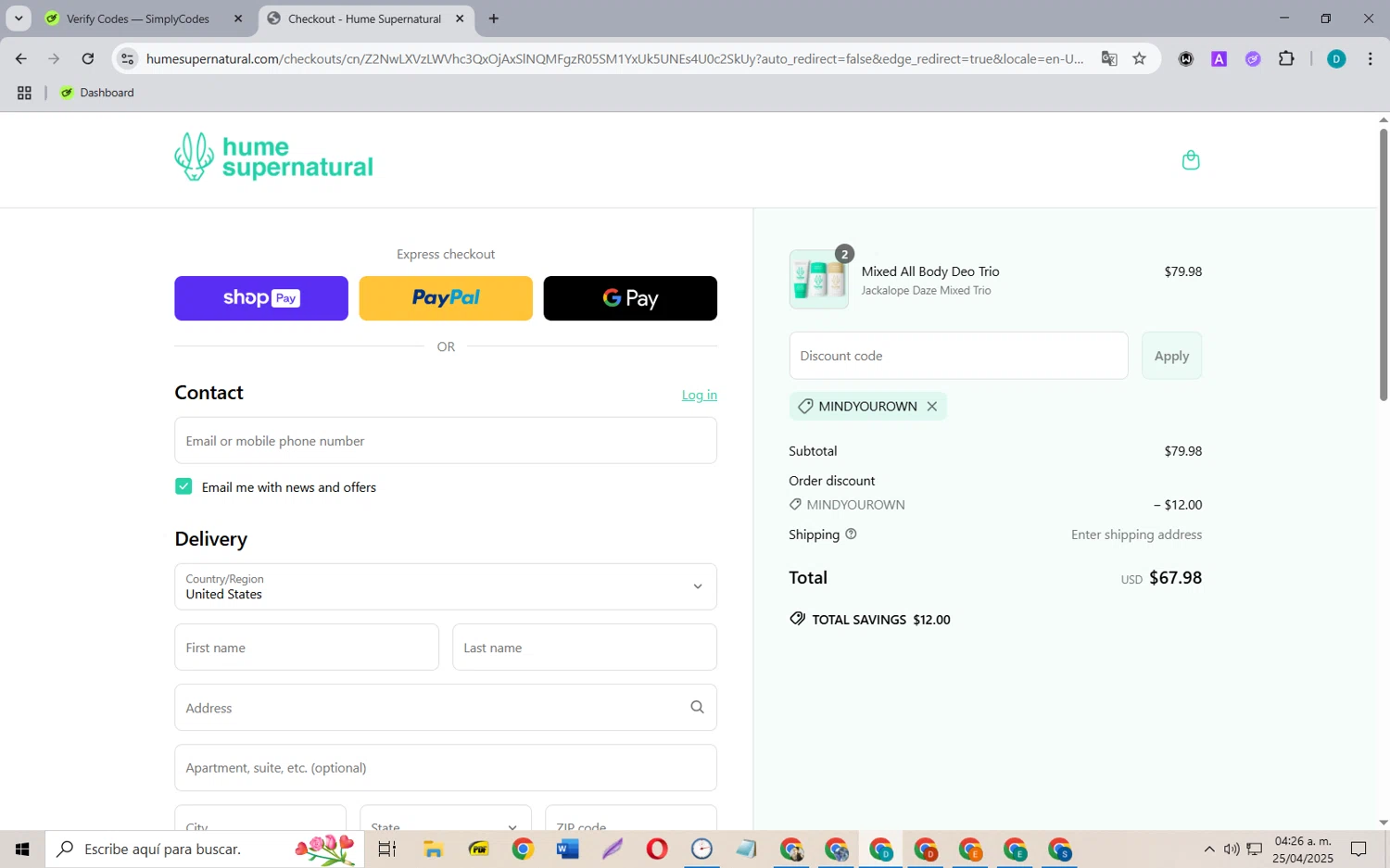Hume Supernatural discount code screenshot showing code mindyourown applied at Hume Supernatural checkout page. Uploaded by SimplyCodes community member MagnificentCollector5368 on Apr 25, 2025