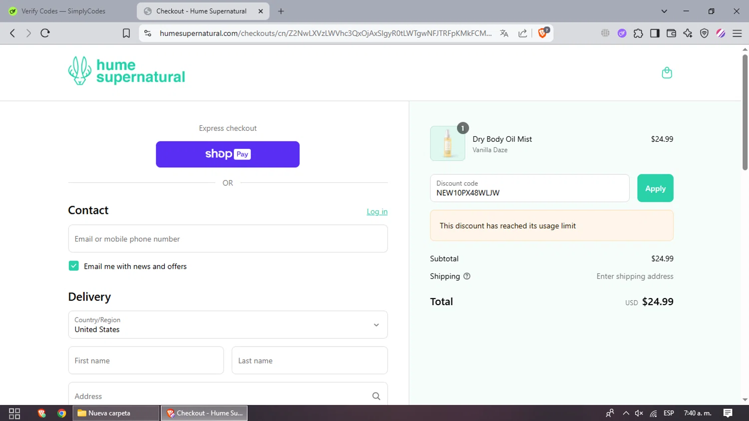 Hume Supernatural discount code screenshot showing code NEW10PX48WLJW applied at Hume Supernatural checkout page. Uploaded by SimplyCodes community member CrownPhoenix3482 on Jun 6, 2025