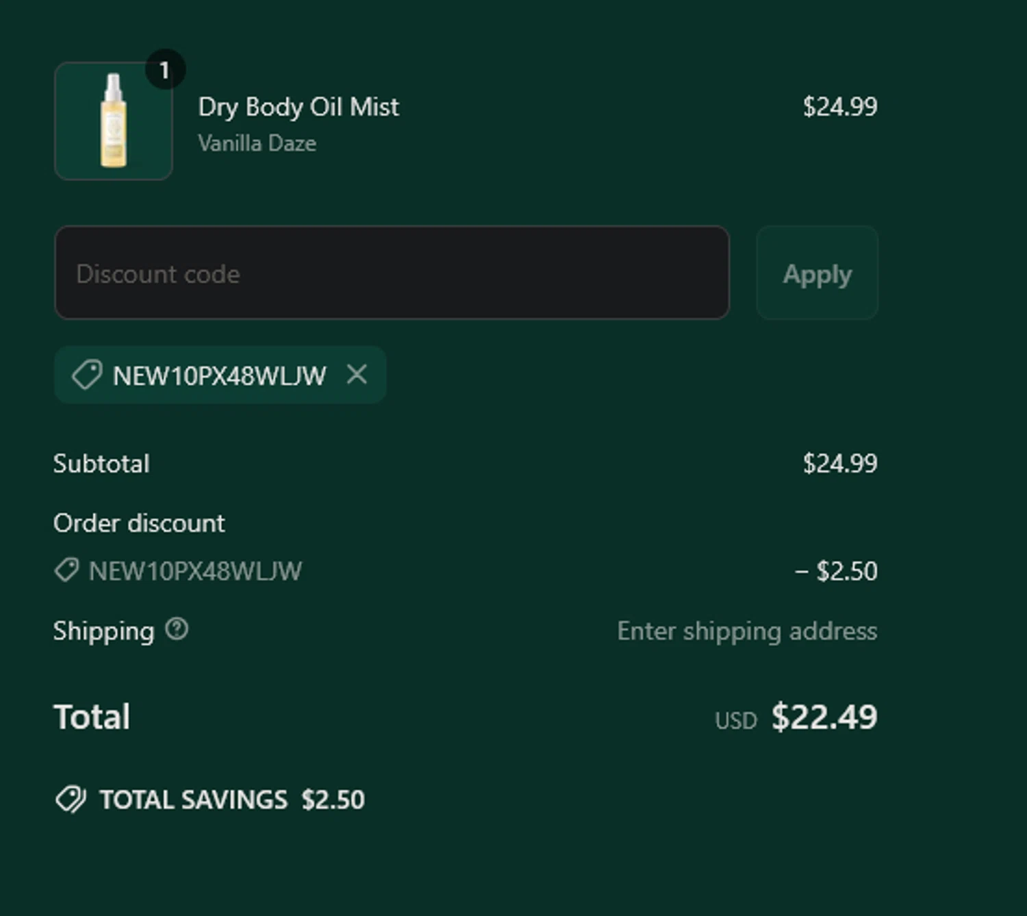 Hume Supernatural discount code screenshot showing code NEW10PX48WLJW applied at Hume Supernatural checkout page. Uploaded by SimplyCodes community member xocelot44x on May 8, 2025
