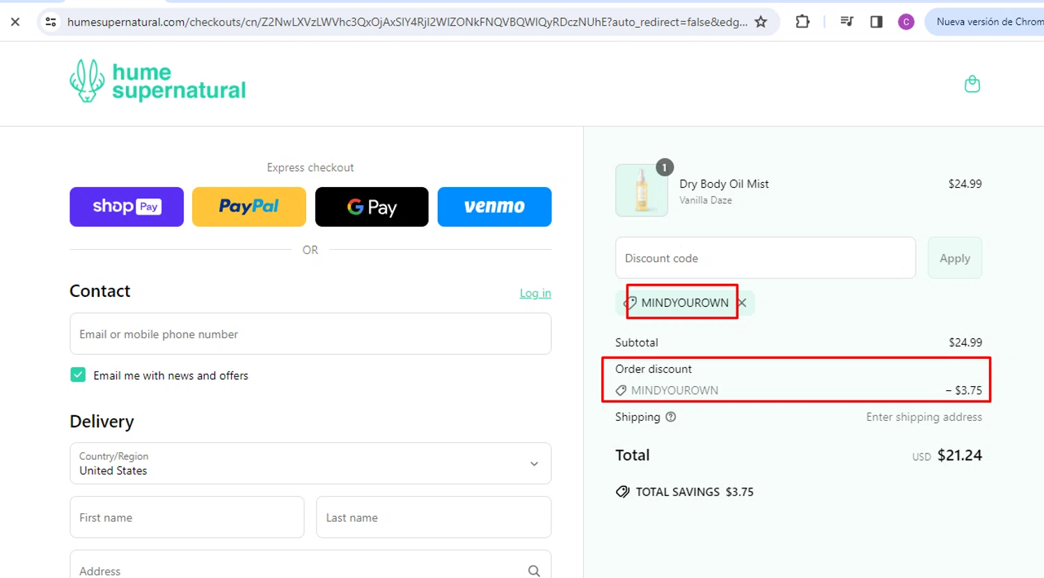 Hume Supernatural discount code screenshot showing code MINDYOUROWN applied at Hume Supernatural checkout page. Uploaded by SimplyCodes community member nileskamarcano on May 14, 2025