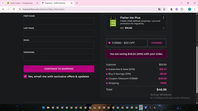 Hum Nutrition checkout page showing Hum Nutrition coupon code box | Screenshot taken by SimplyCodes community member on Aug 20, 2025