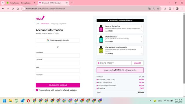 Hum Nutrition checkout page showing Hum Nutrition coupon code box | Screenshot taken by SimplyCodes community member on Aug 13, 2025