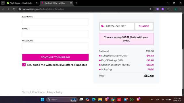 Hum Nutrition checkout page showing Hum Nutrition coupon code box | Screenshot taken by SimplyCodes community member on Sep 11, 2025