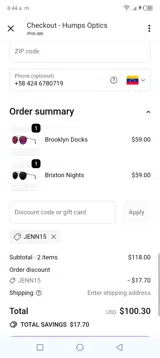 Humps Optics coupon verification screenshot