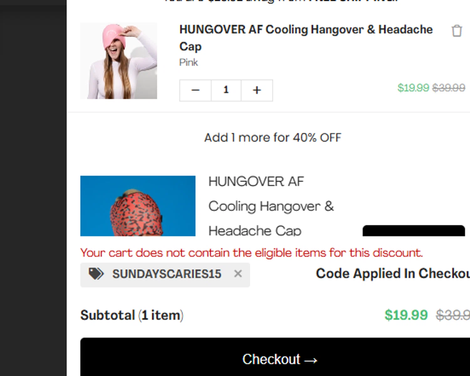 HUNGOVRAF promo code screenshot showing code SUNDAYSCARIES15 applied at HUNGOVRAF checkout page. Uploaded by SimplyCodes community member VoucherHero6322 on Mar 19, 2025
