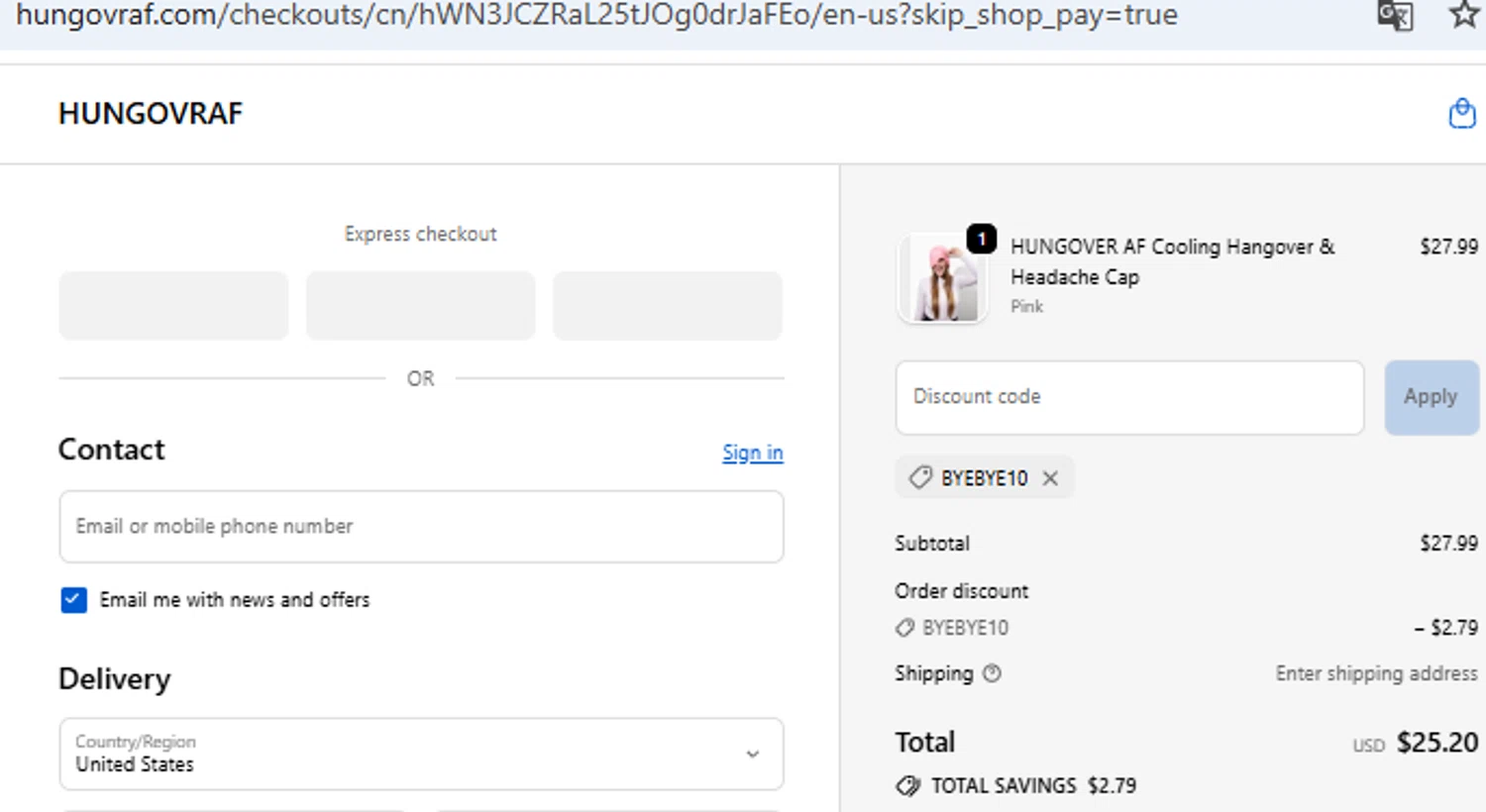 HUNGOVRAF promo code screenshot showing code BYEBYE10 applied at HUNGOVRAF checkout page. Uploaded by SimplyCodes community member PennyOwl2559 on Sep 23, 2025