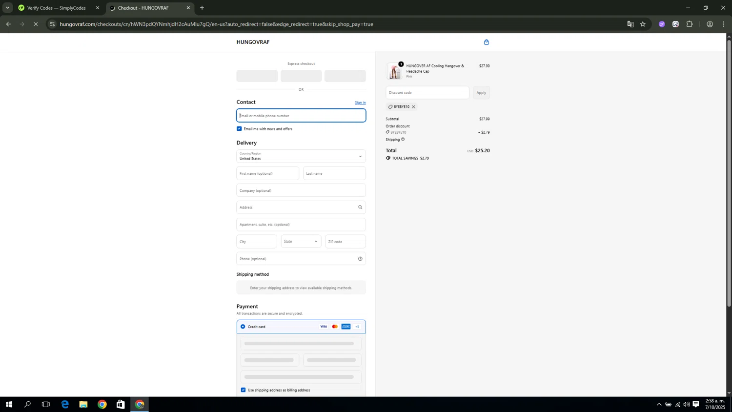 HUNGOVRAF promo code screenshot showing code BYEBYE10 applied at HUNGOVRAF checkout page. Uploaded by SimplyCodes community member miguel02 on Oct 7, 2025
