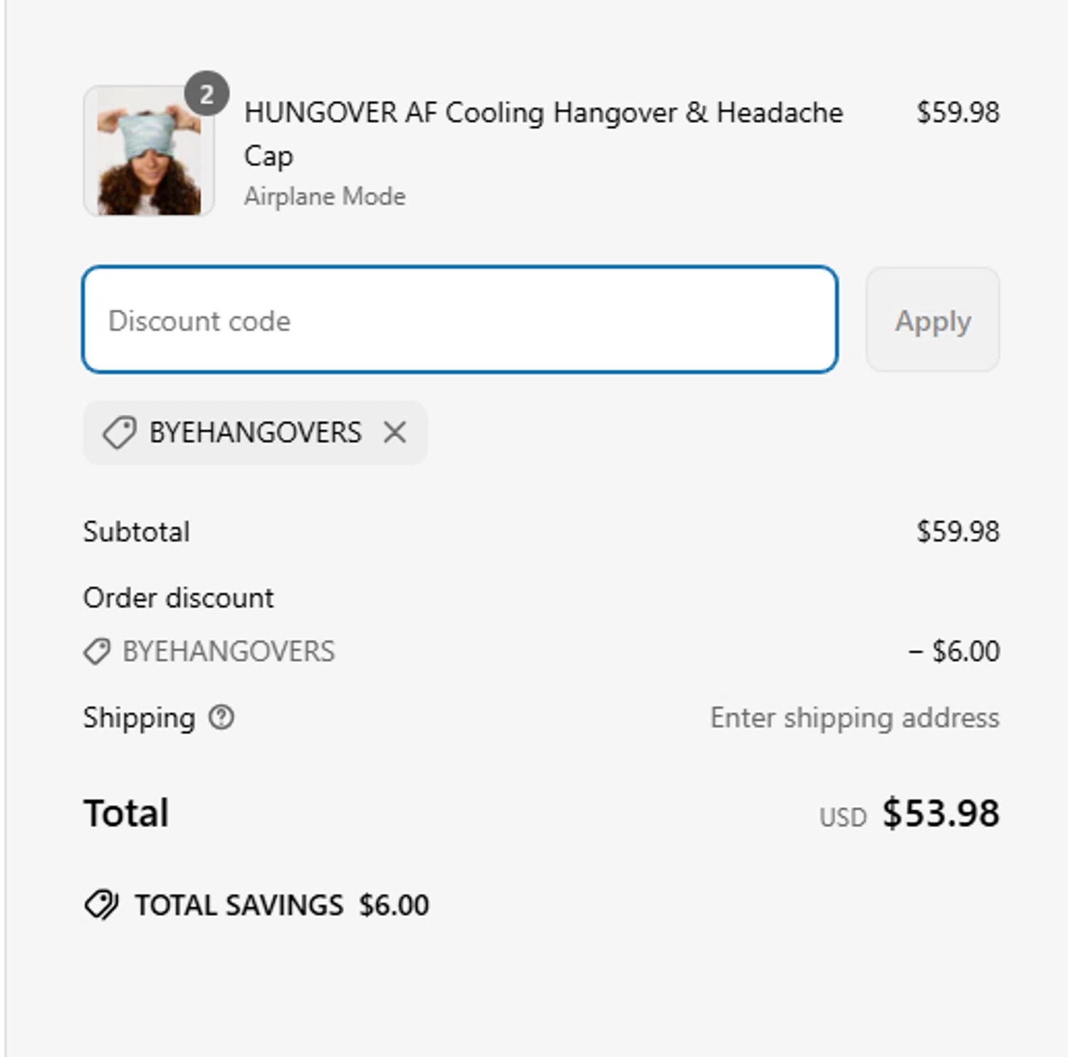 HUNGOVRAF promo code screenshot showing code BYEHANGOVERS applied at HUNGOVRAF checkout page. Uploaded by SimplyCodes community member Toundjiale on Apr 5, 2025