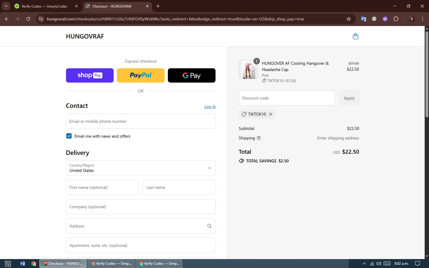 HUNGOVRAF promo code screenshot showing code TIKTOK10 applied at HUNGOVRAF checkout page. Uploaded by SimplyCodes community member GleywilmarReyes on Jul 25, 2025