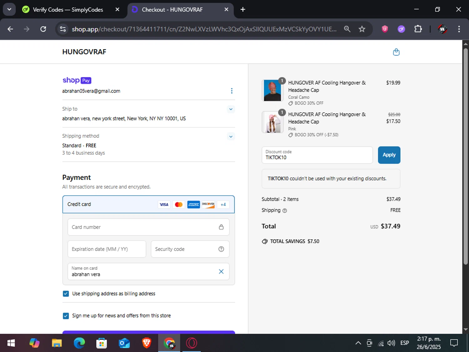 HUNGOVRAF promo code screenshot showing code TIKTOK10 applied at HUNGOVRAF checkout page. Uploaded by SimplyCodes community member TreasureAdmiral6867 on Jun 26, 2025