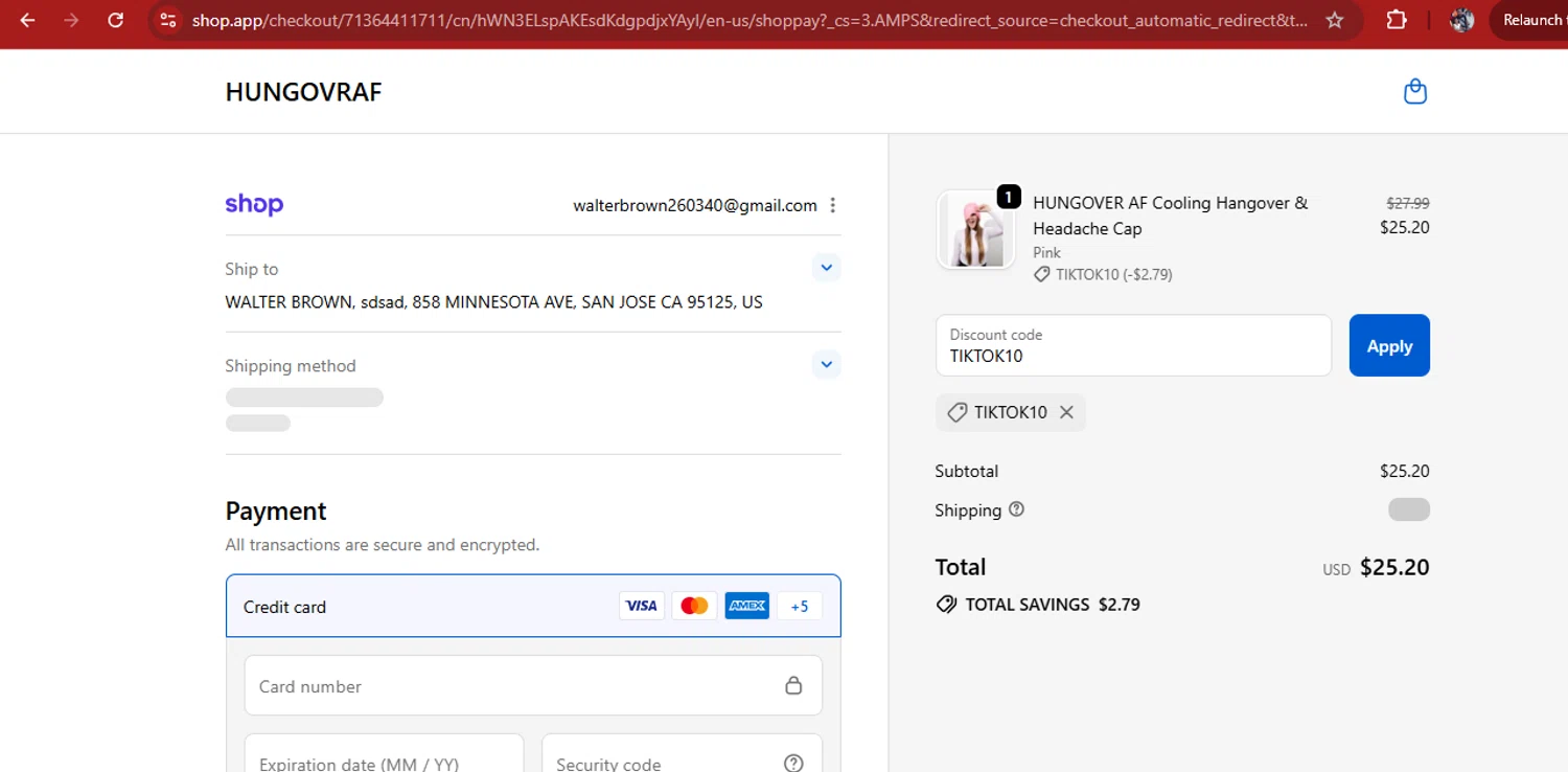 HUNGOVRAF promo code screenshot showing code TIKTOK10 applied at HUNGOVRAF checkout page. Uploaded by SimplyCodes community member kimberlinmartinez on Sep 21, 2025