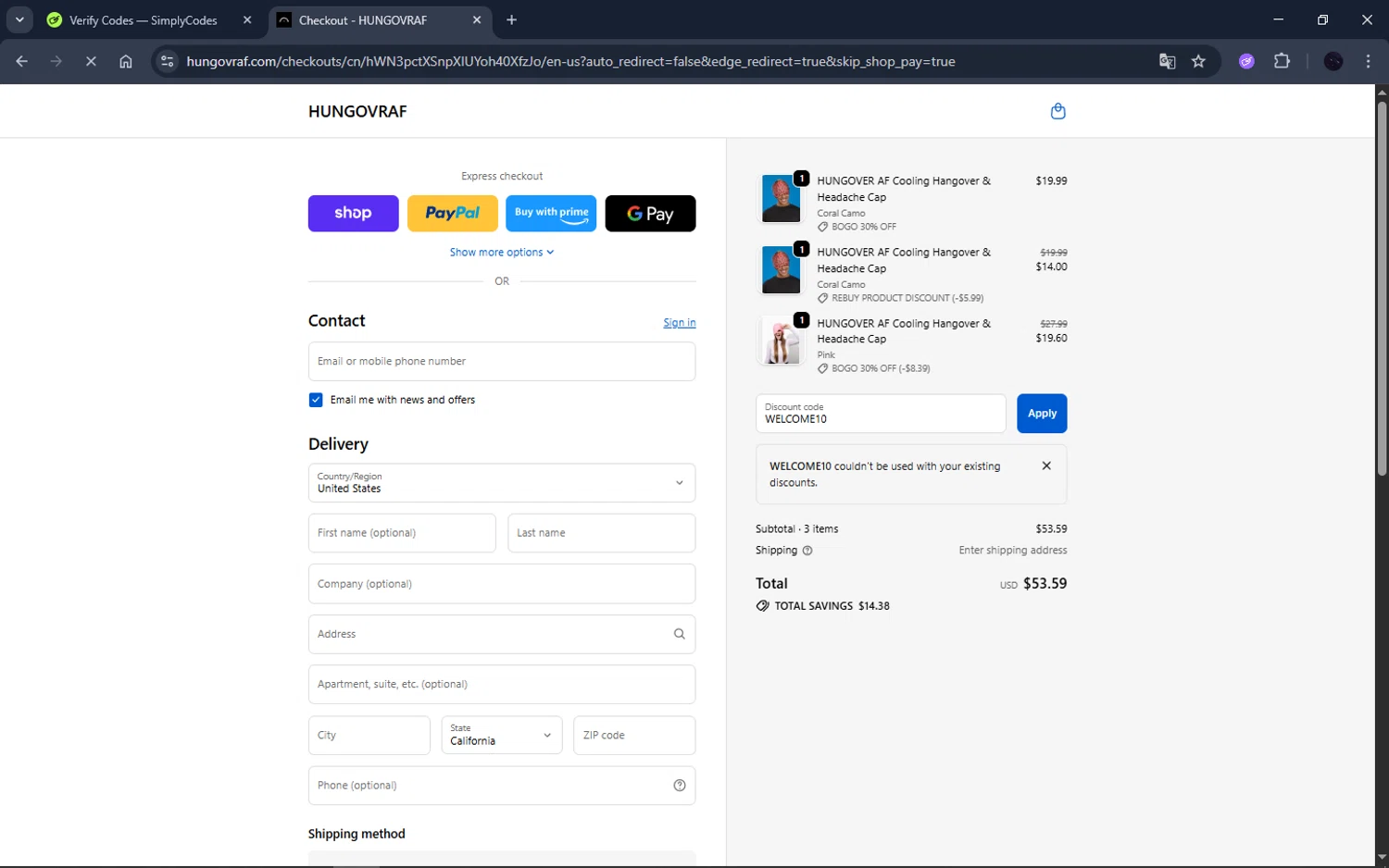 HUNGOVRAF promo code screenshot showing code WELCOME10 applied at HUNGOVRAF checkout page. Uploaded by SimplyCodes community member bombardino on Oct 7, 2025