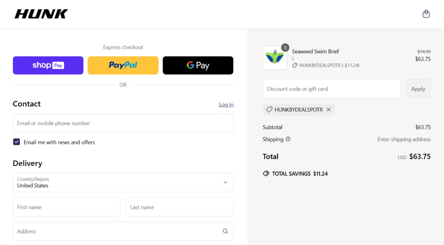 HUNK discount code screenshot showing code HUNKbyDEALSPOTR applied at HUNK checkout page. Uploaded by SimplyCodes community member angelavidal on Mar 15, 2025