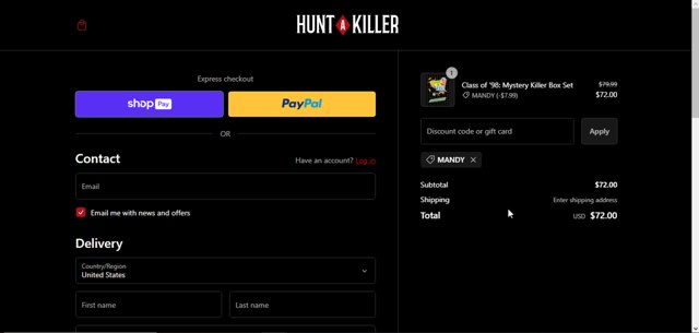 Hunt a Killer checkout page showing Hunt a Killer discount code box | Screenshot taken by SimplyCodes community member on Dec 2, 2023