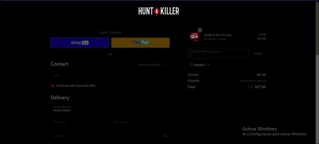 Hunt a Killer checkout page showing Hunt a Killer discount code box | Screenshot taken by SimplyCodes community member on Oct 26, 2023