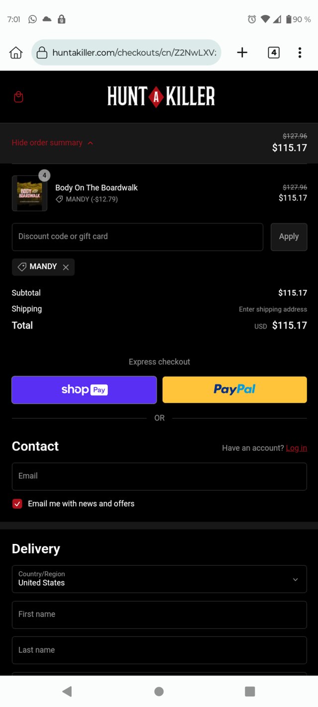 Hunt a Killer checkout page showing Hunt a Killer discount code box | Screenshot taken by SimplyCodes community member on Oct 26, 2023
