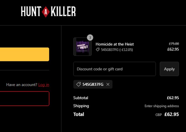 Hunt a Killer checkout page showing Hunt a Killer discount code box | Screenshot taken by SimplyCodes community member on Dec 5, 2023