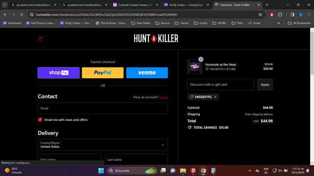 Hunt a Killer checkout page showing Hunt a Killer discount code box | Screenshot taken by SimplyCodes community member on Jan 13, 2024