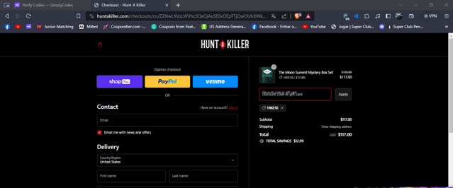 Hunt a Killer checkout page showing Hunt a Killer discount code box | Screenshot taken by SimplyCodes community member on Jan 13, 2024