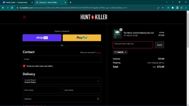 Hunt a Killer checkout page showing Hunt a Killer discount code box | Screenshot taken by SimplyCodes community member on Dec 2, 2023