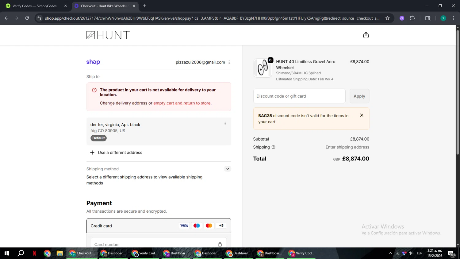 Hunt Bike Wheels checkout page showing Hunt Bike Wheels discount code box | Screenshot taken by SimplyCodes community member on Feb 15, 2026