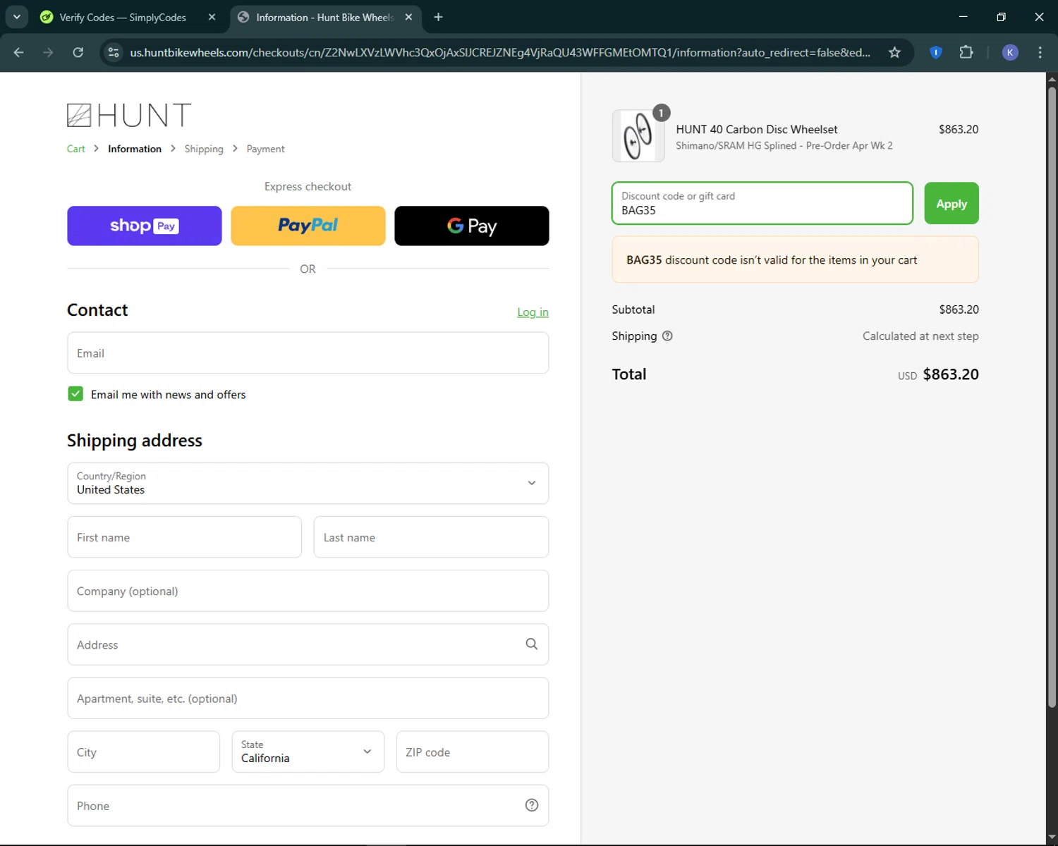 Hunt Bike Wheels discount code screenshot showing code BAG35 applied at Hunt Bike Wheels checkout page. Uploaded by SimplyCodes community member KevLapage on Apr 8, 2025