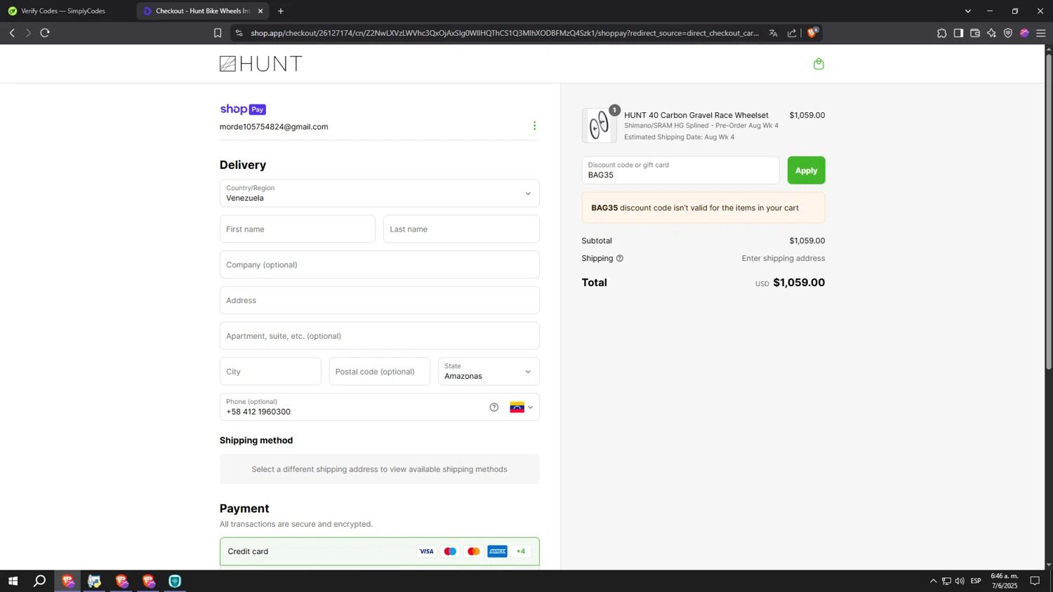 Hunt Bike Wheels discount code screenshot showing code BAG35 applied at Hunt Bike Wheels checkout page. Uploaded by SimplyCodes community member kkkkkkkkkkkkkkkkkkkk on Jun 7, 2025