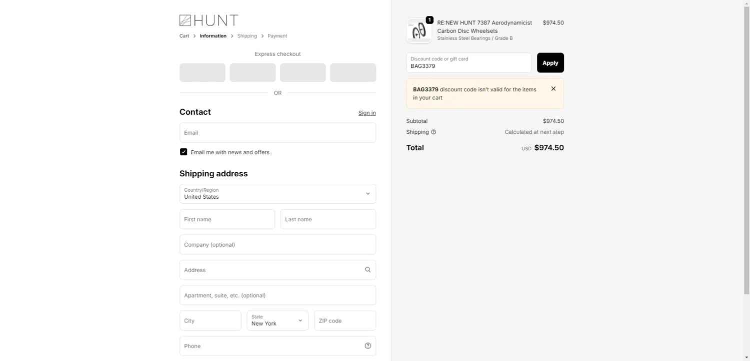 Hunt Bike Wheels discount code screenshot showing code BAG3379 applied at Hunt Bike Wheels checkout page. Uploaded by SimplyCodes community member CleverHawk1744 on Oct 25, 2025