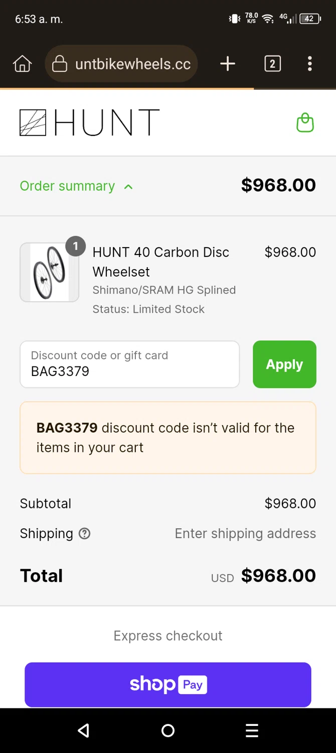 Hunt Bike Wheels discount code screenshot showing code BAG3379 applied at Hunt Bike Wheels checkout page. Uploaded by SimplyCodes community member Son_Goku on Jun 7, 2025