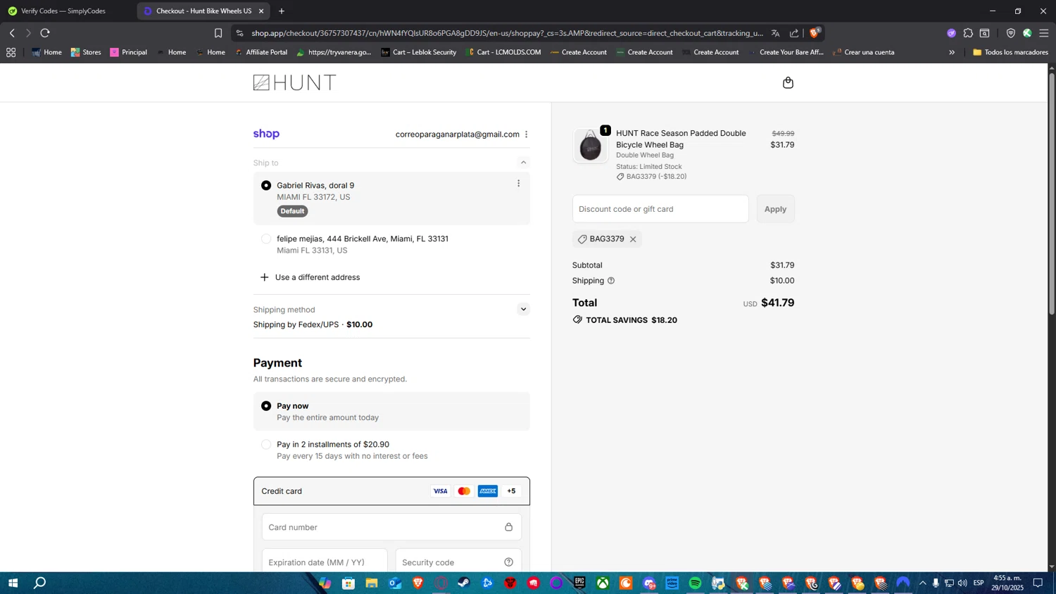 Hunt Bike Wheels discount code screenshot showing code BAG3379 applied at Hunt Bike Wheels checkout page. Uploaded by SimplyCodes community member SimplyNerd on Oct 29, 2025
