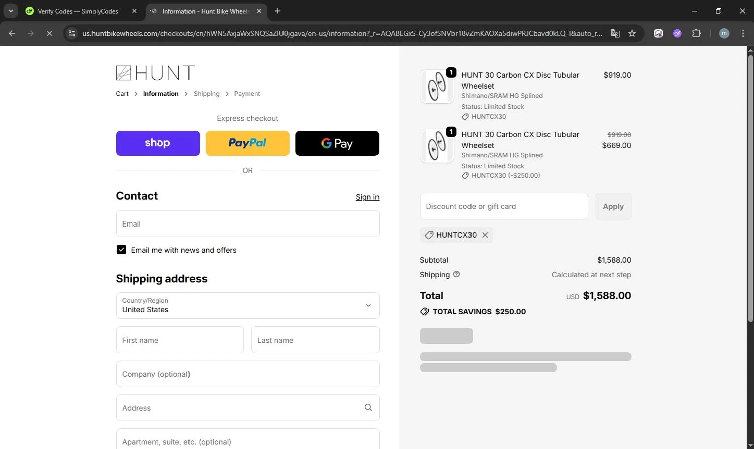 Hunt Bike Wheels discount code screenshot showing code HUNTCX30 applied at Hunt Bike Wheels checkout page. Uploaded by SimplyCodes community member acostaacosta on Nov 11, 2025