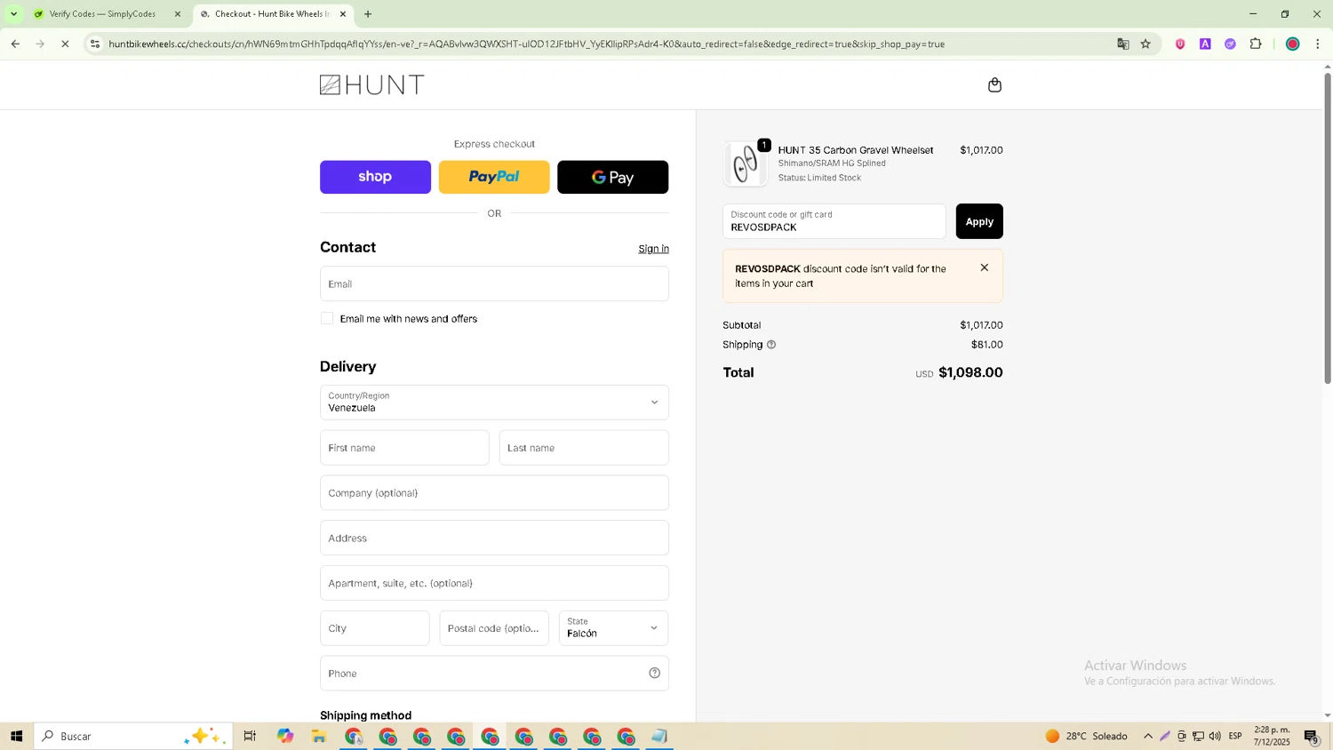 Hunt Bike Wheels discount code screenshot showing code REVOSDPACK applied at Hunt Bike Wheels checkout page. Uploaded by SimplyCodes community member Joseph_Davis on Dec 7, 2025