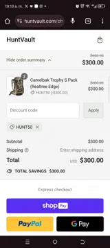 HUNT50 coupon verification screenshot
