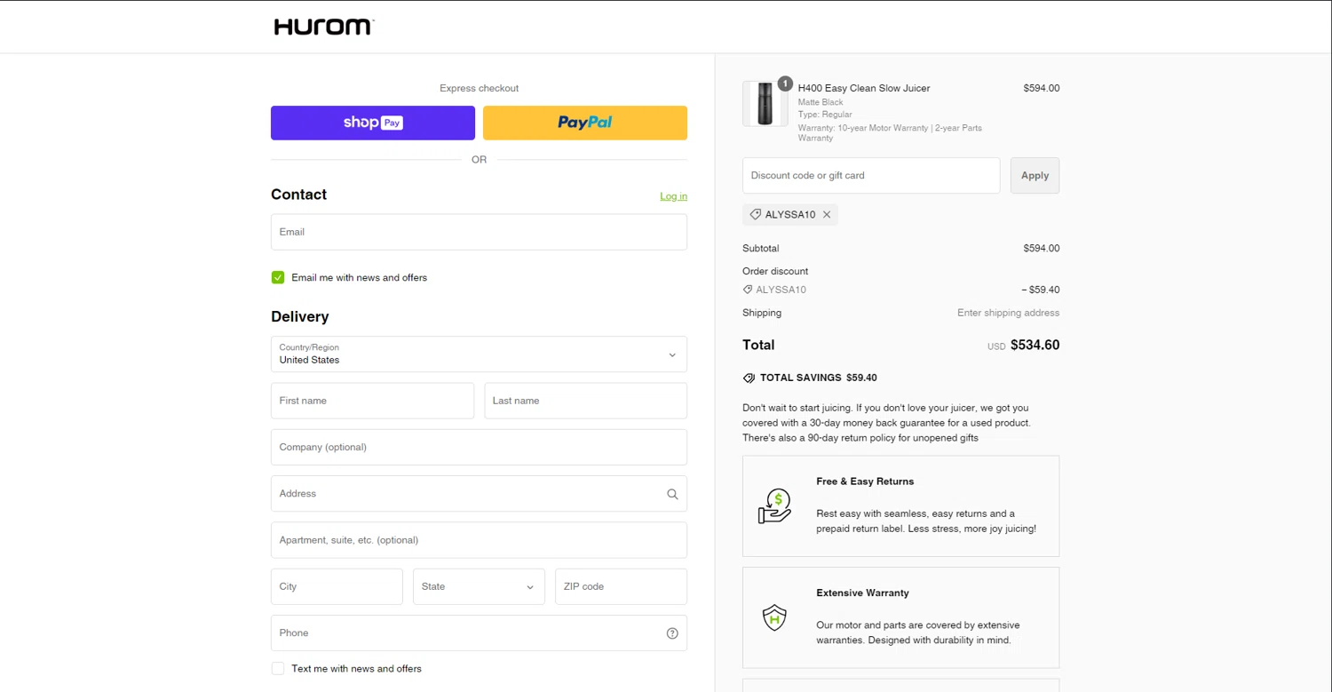 where to use Hurom promo code box