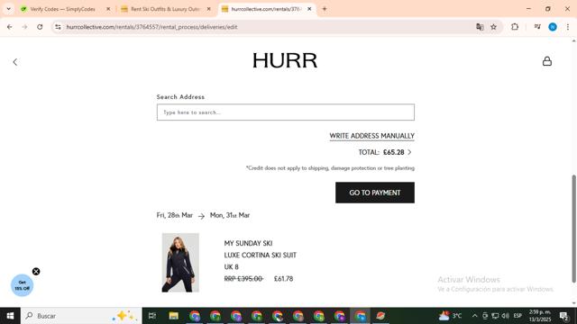 HURR Collective checkout page showing HURR Collective promo code box | Screenshot taken by SimplyCodes community member on Mar 13, 2025