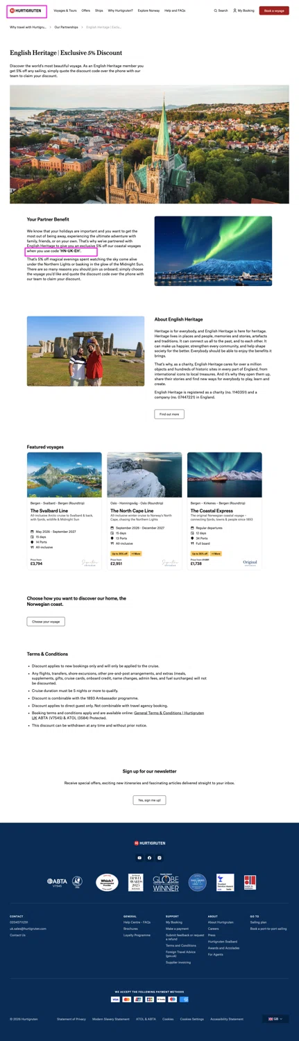 Hurtigruten promo code screenshot showing code HN-UK-EH applied at Hurtigruten checkout page. Uploaded by SimplyCodes community member chandlerbing on May 23, 2026