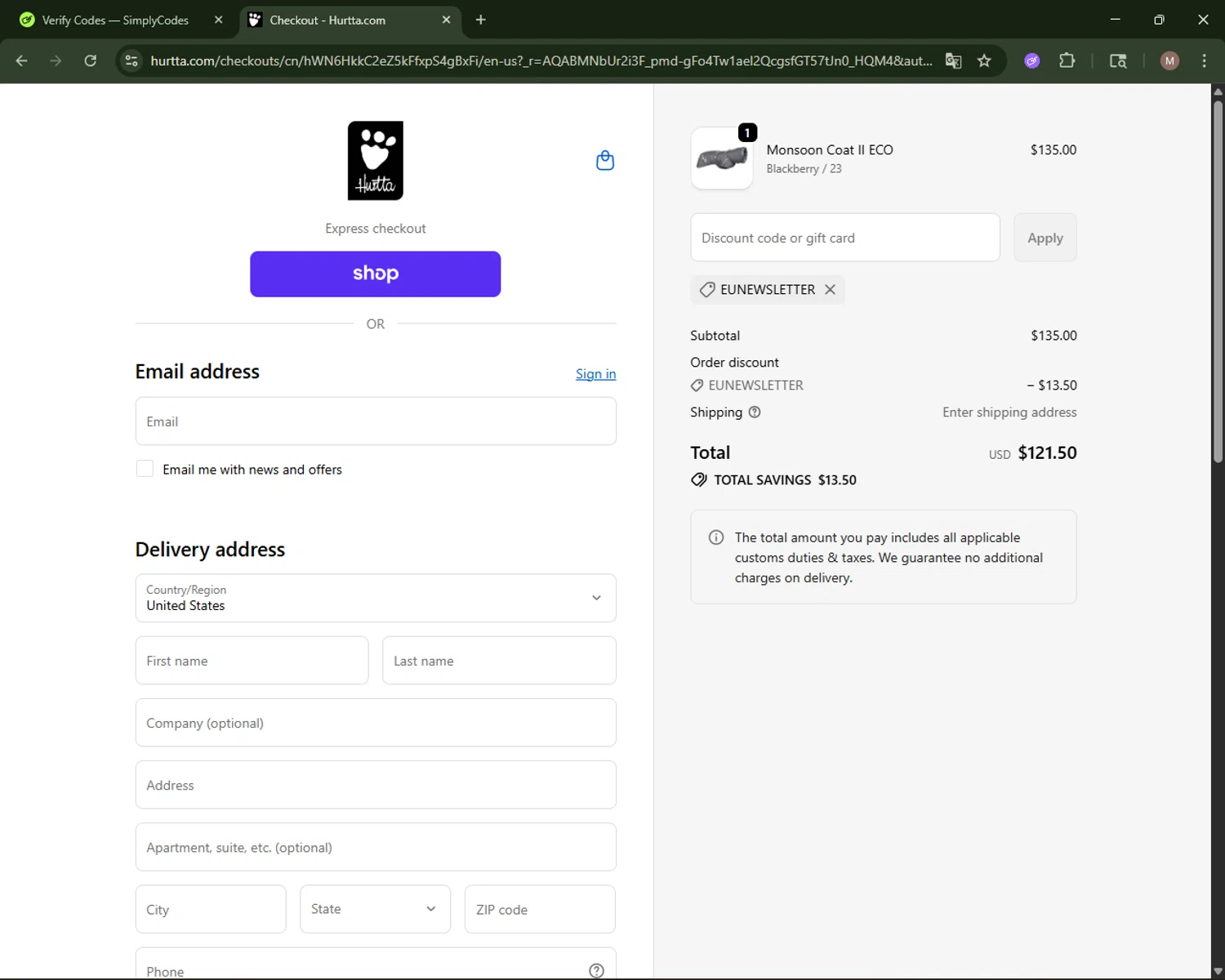 Hurtta promo code screenshot showing code EUNEWSLETTER applied at Hurtta checkout page. Uploaded by SimplyCodes community member CoinLegend4598 on Dec 10, 2025