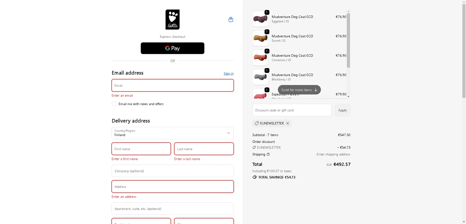 Hurtta promo code screenshot showing code EUNEWSLETTER applied at Hurtta checkout page. Uploaded by SimplyCodes community member ValueWarden2887 on Oct 31, 2025