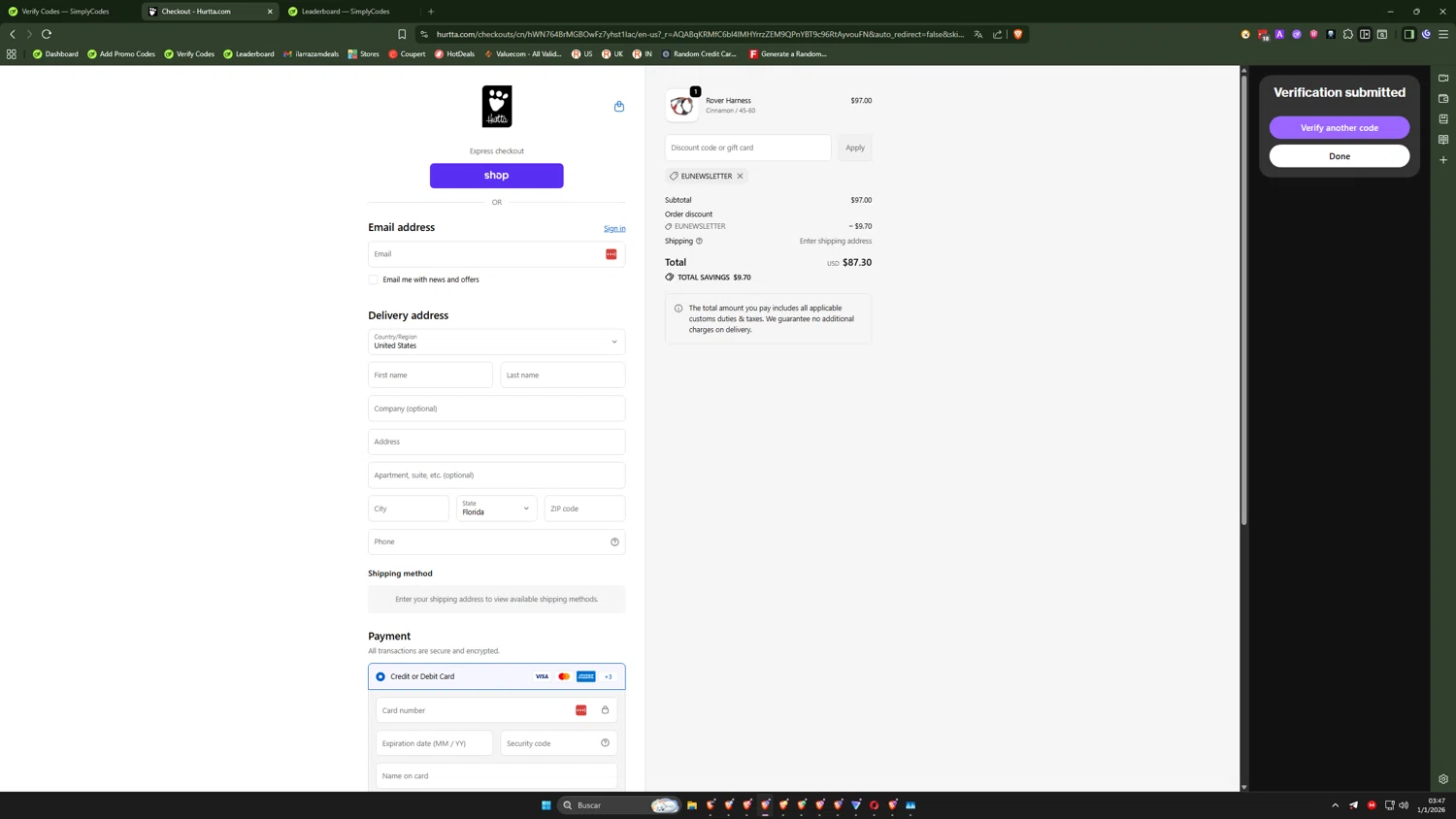 Hurtta promo code screenshot showing code EUNEWSLETTER applied at Hurtta checkout page. Uploaded by SimplyCodes community member QuantumRider5931 on Jan 1, 2026