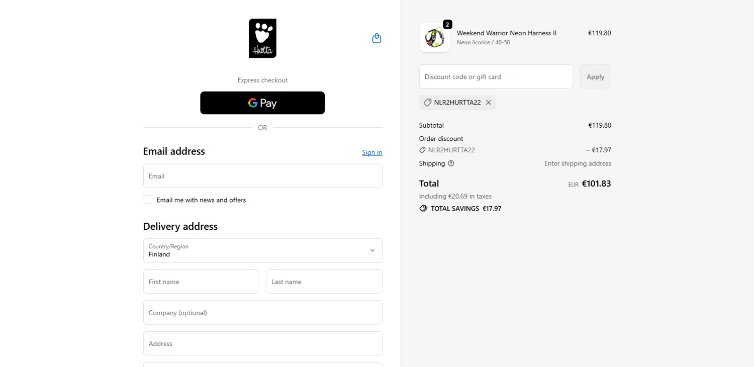 Hurtta promo code screenshot showing code NLR2HURTTA22 applied at Hurtta checkout page. Uploaded by SimplyCodes community member BrillianteMaestro892 on Dec 30, 2025