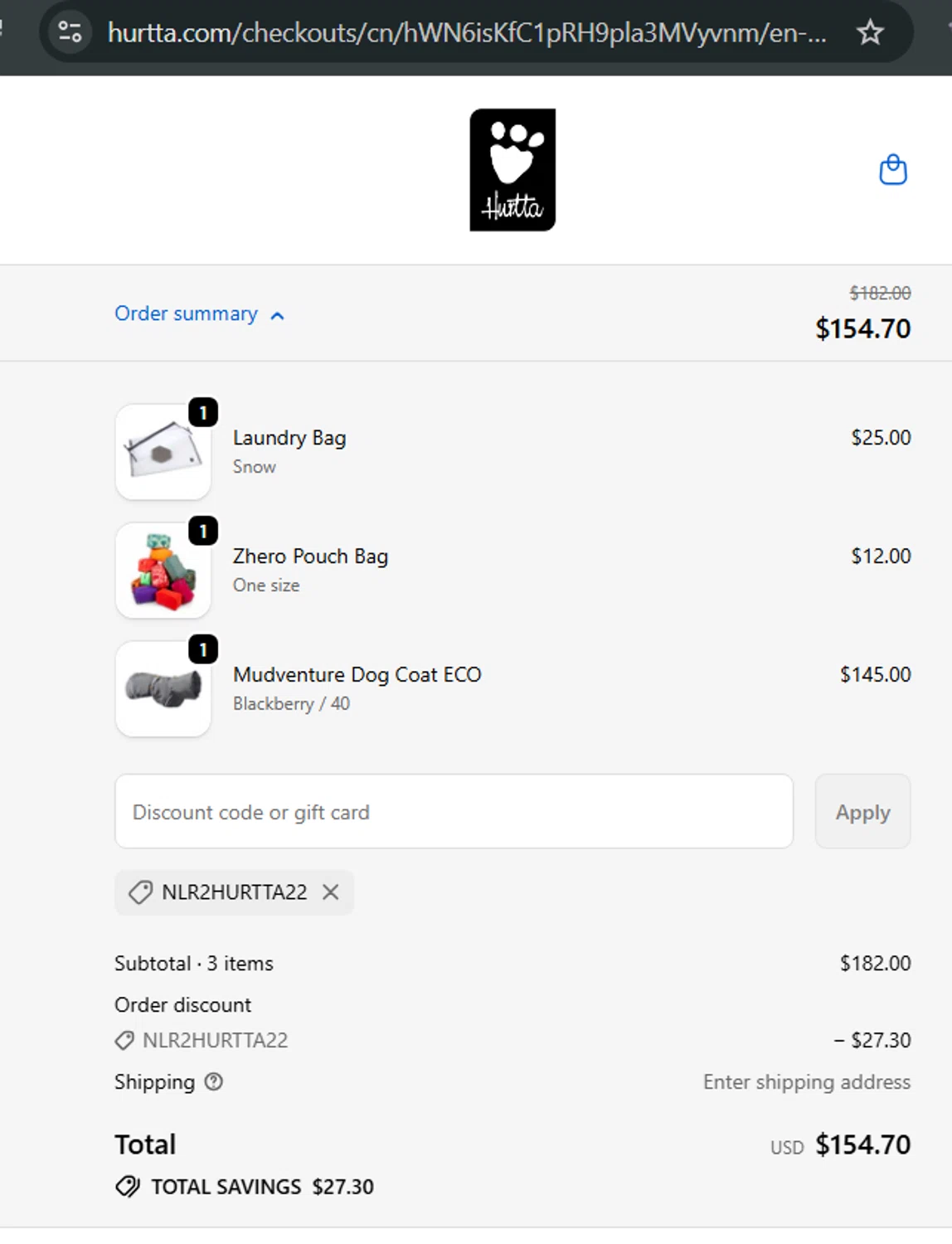 Hurtta promo code screenshot showing code NLR2HURTTA22 applied at Hurtta checkout page. Uploaded by SimplyCodes community member LuisGaBa on Dec 22, 2025