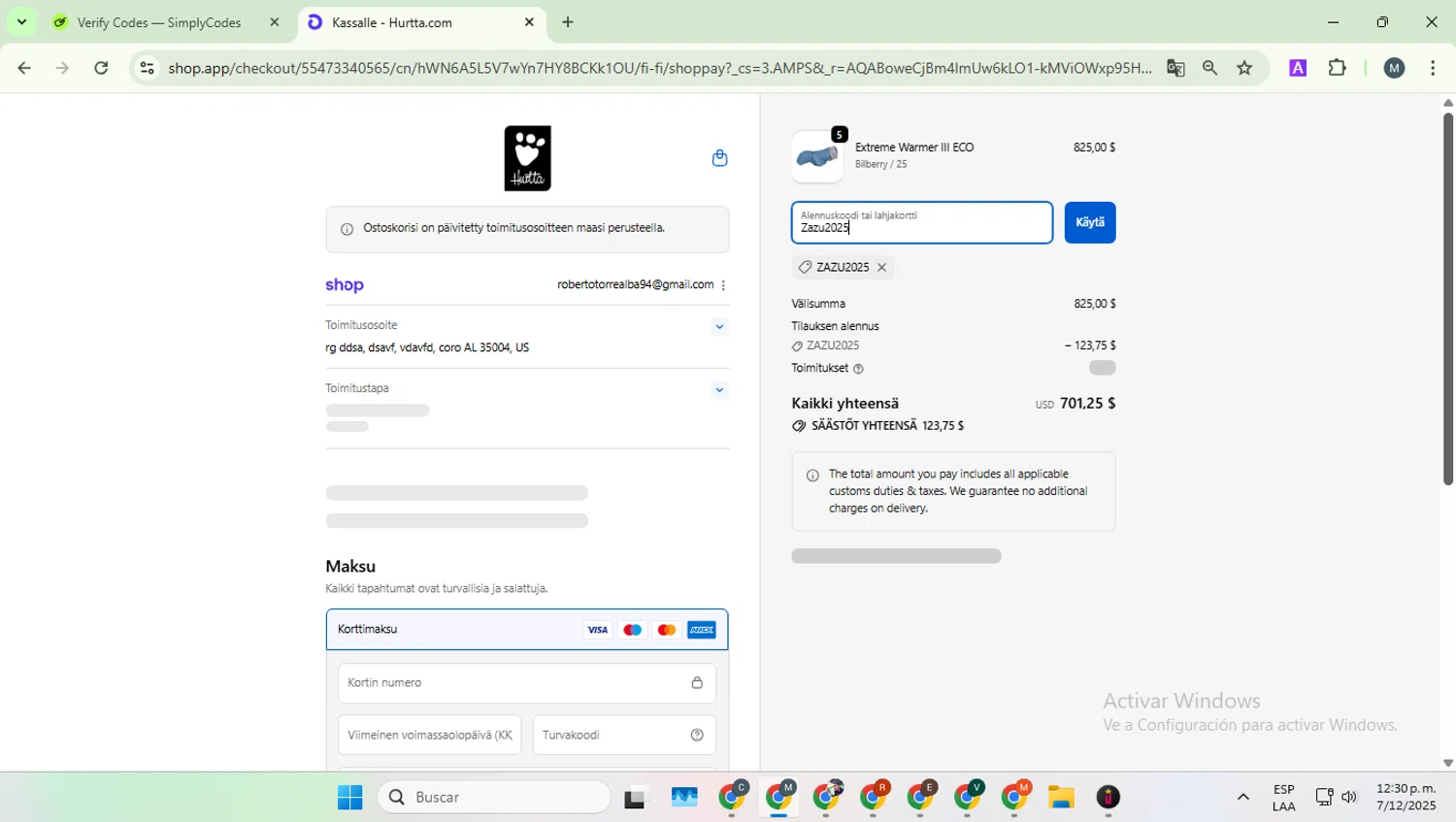 Hurtta promo code screenshot showing code Zazu2025 applied at Hurtta checkout page. Uploaded by SimplyCodes community member EpicCaptain5837 on Dec 7, 2025