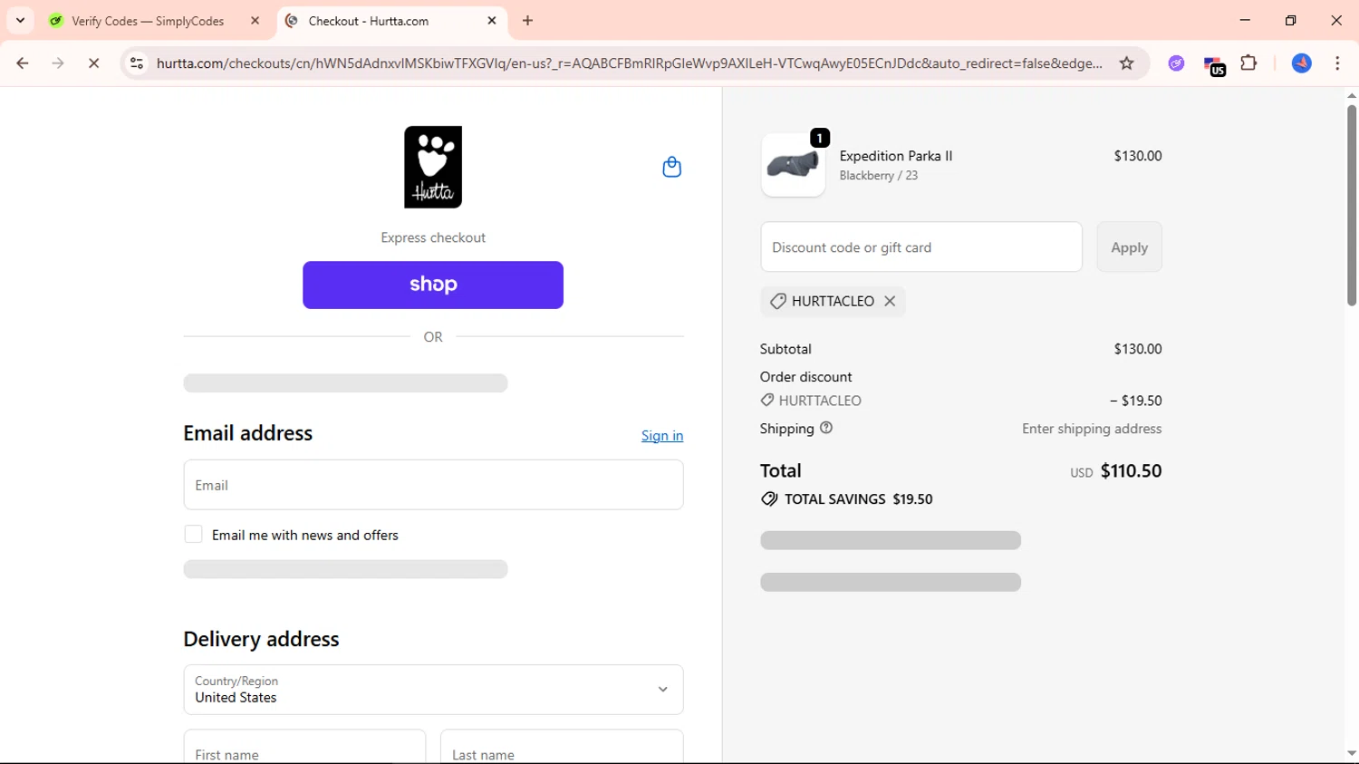 Hurtta promo code screenshot showing code HurttaCleo applied at Hurtta checkout page. Uploaded by SimplyCodes community member Avio_21 on Nov 23, 2025