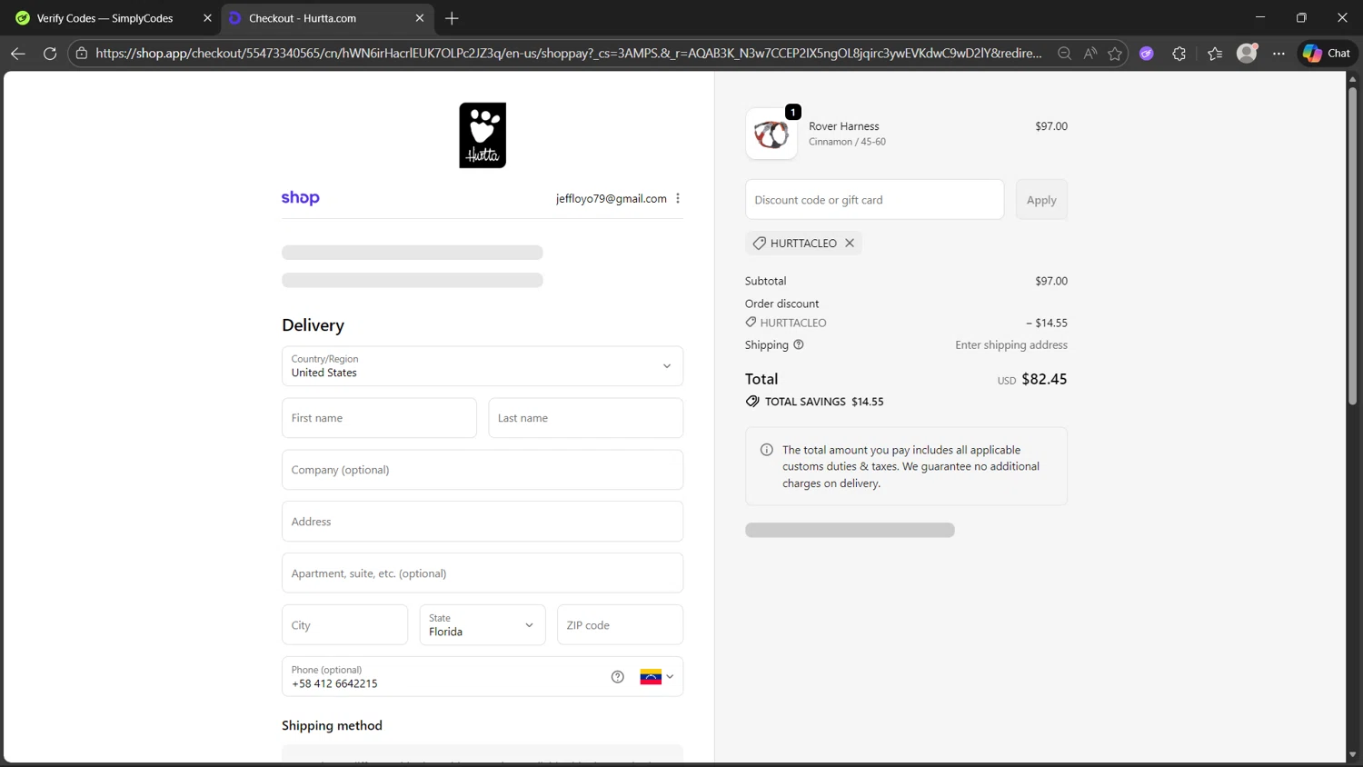 Hurtta promo code screenshot showing code HurttaCleo applied at Hurtta checkout page. Uploaded by SimplyCodes community member dragonjeffer_93a9 on Dec 22, 2025