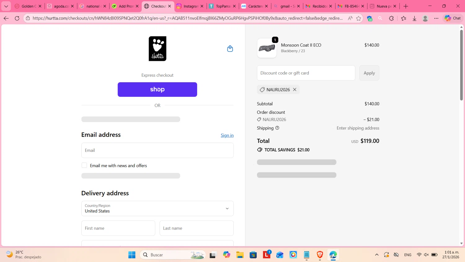 Hurtta promo code screenshot showing code NAURU2026 applied at Hurtta checkout page. Uploaded by SimplyCodes community member cosita on Jan 27, 2026