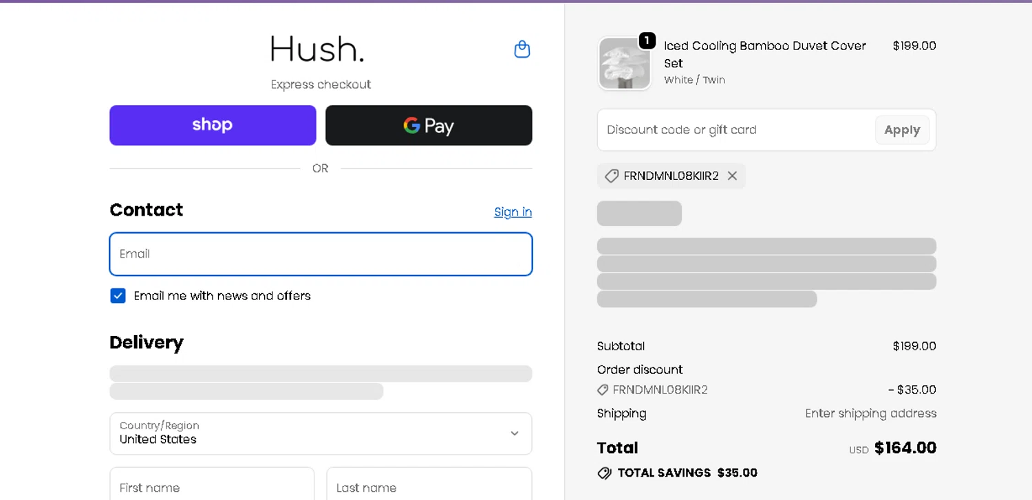 Hush Blankets promo code screenshot showing code frndmnl08kiir2 applied at Hush Blankets checkout page. Uploaded by SimplyCodes community member beatrizcastillo on May 6, 2026