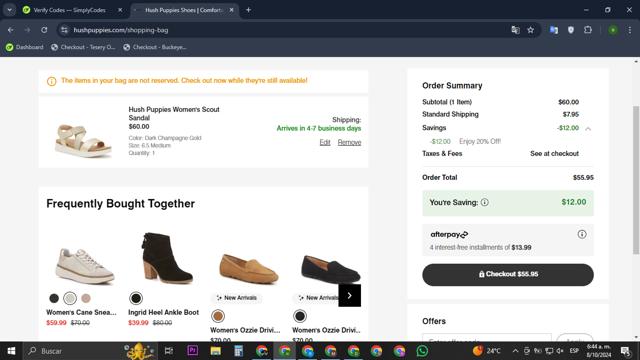 Hush Puppies checkout page showing Hush Puppies promo code box | Screenshot taken by SimplyCodes community member on Oct 8, 2024