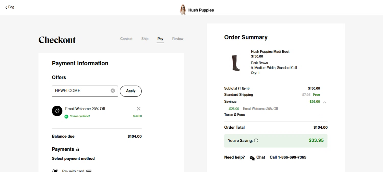 Hush Puppies promo code screenshot showing code HPWELCOME applied at Hush Puppies checkout page. Uploaded by SimplyCodes community member IsabellaMillan on Nov 7, 2025