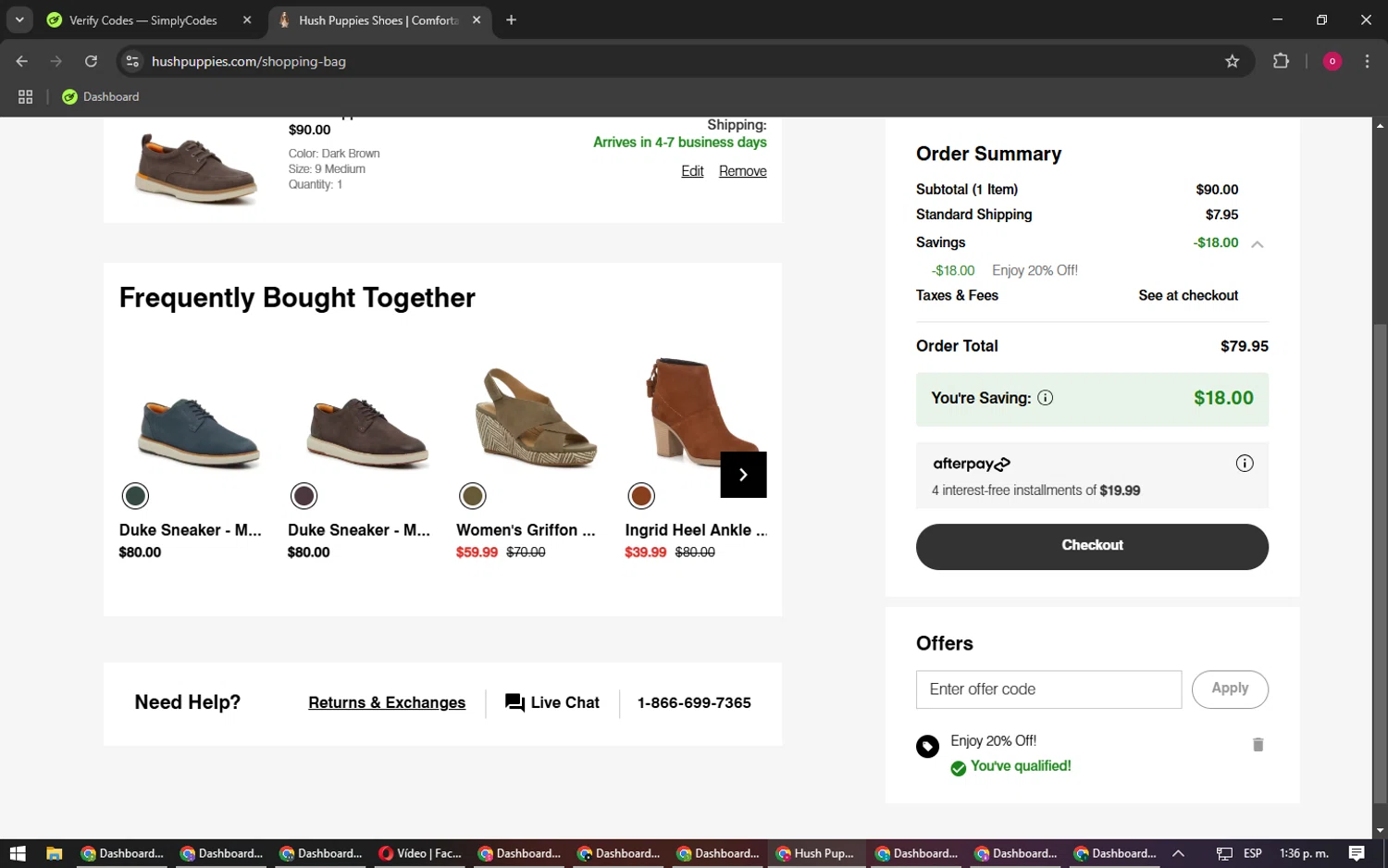 Hush Puppies promo code screenshot showing code HPWELCOME applied at Hush Puppies checkout page. Uploaded by SimplyCodes community member RebateSpotter9164 on Feb 26, 2025